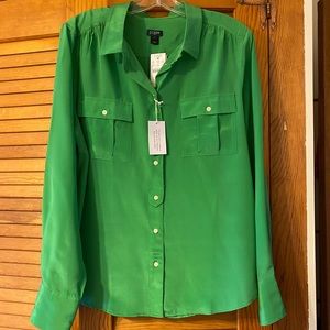 J. Crew Green Silk Long Sleeve Button Front Blouse